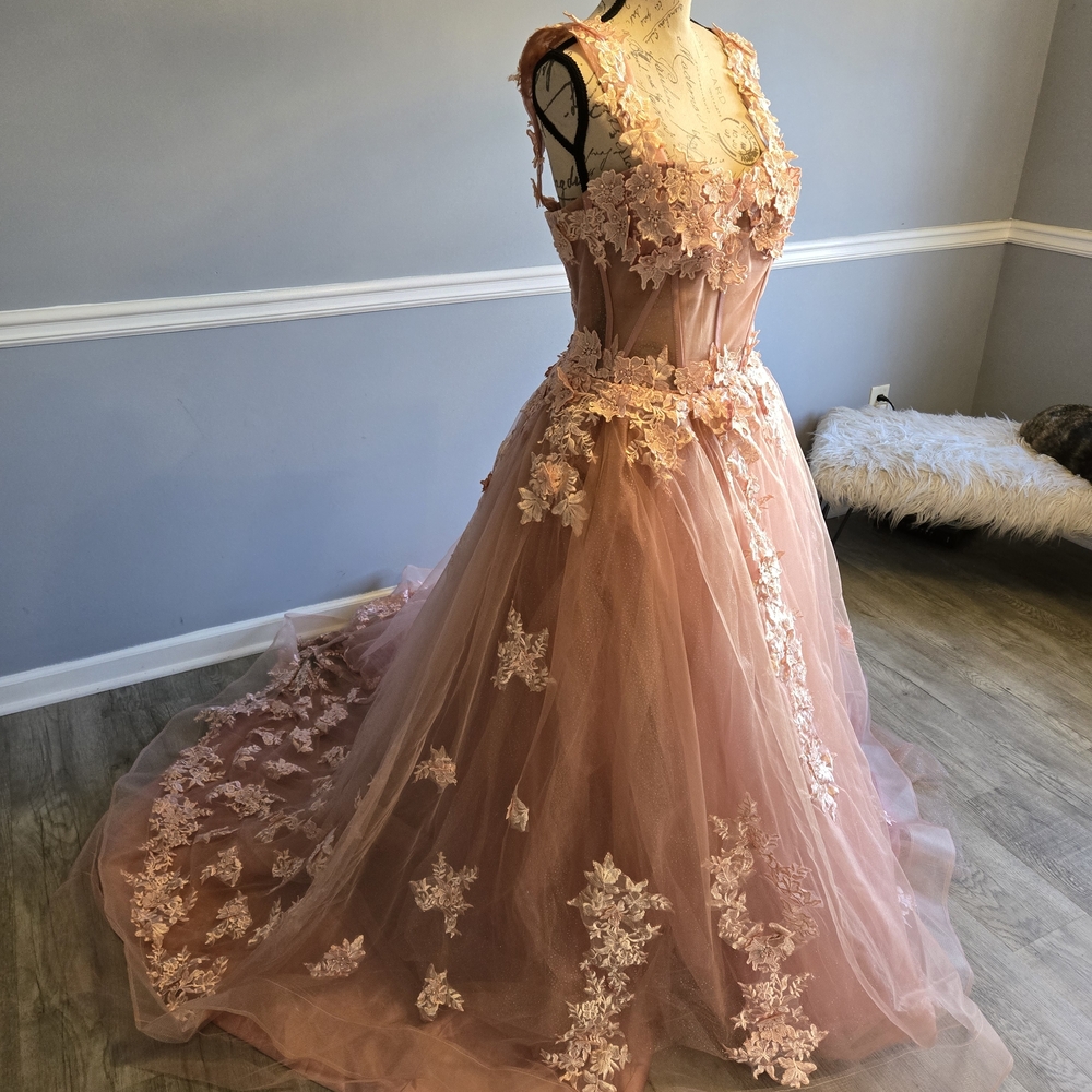 Elegant Pink Floral Lace Evening Gown Wedding Prom Dress - Picture 2 of 8